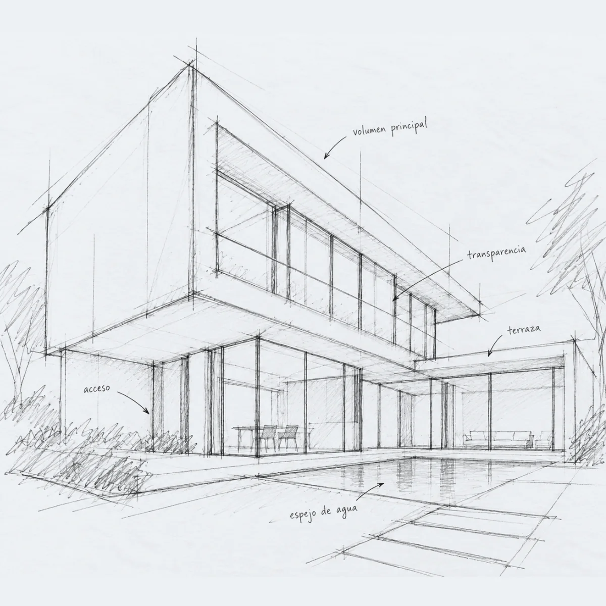 Inicio Boceto a lápiz con anotaciones de diseño de una casa contemporánea con piscina